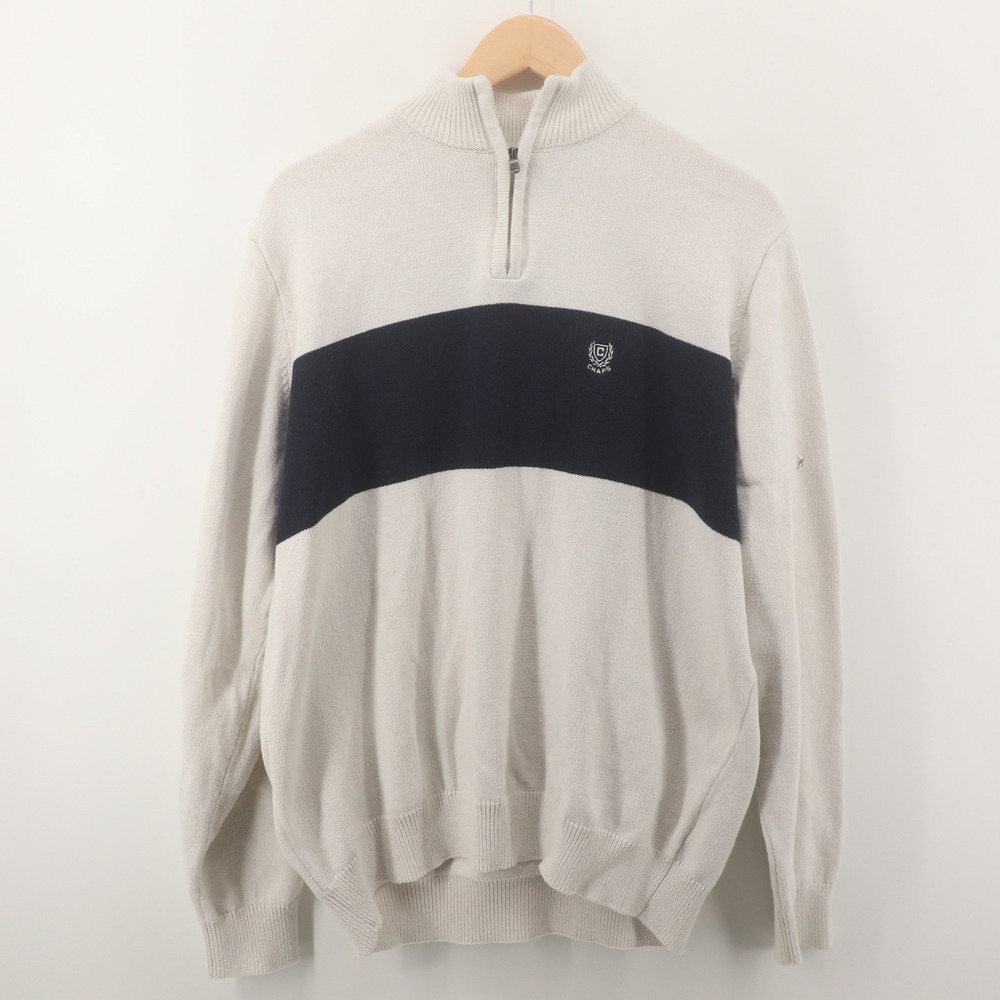 Chaps Quarter Zip Sweater Mens XL Cream Navy Blue Stripe Preppy Y2K‎ Logo Good